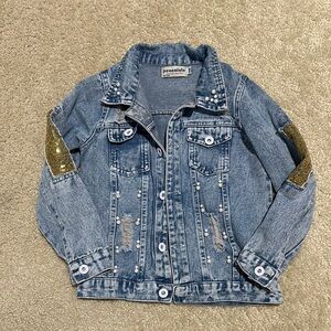 Peacolate Girls pearl & sequin butterfly denim jacket size 140